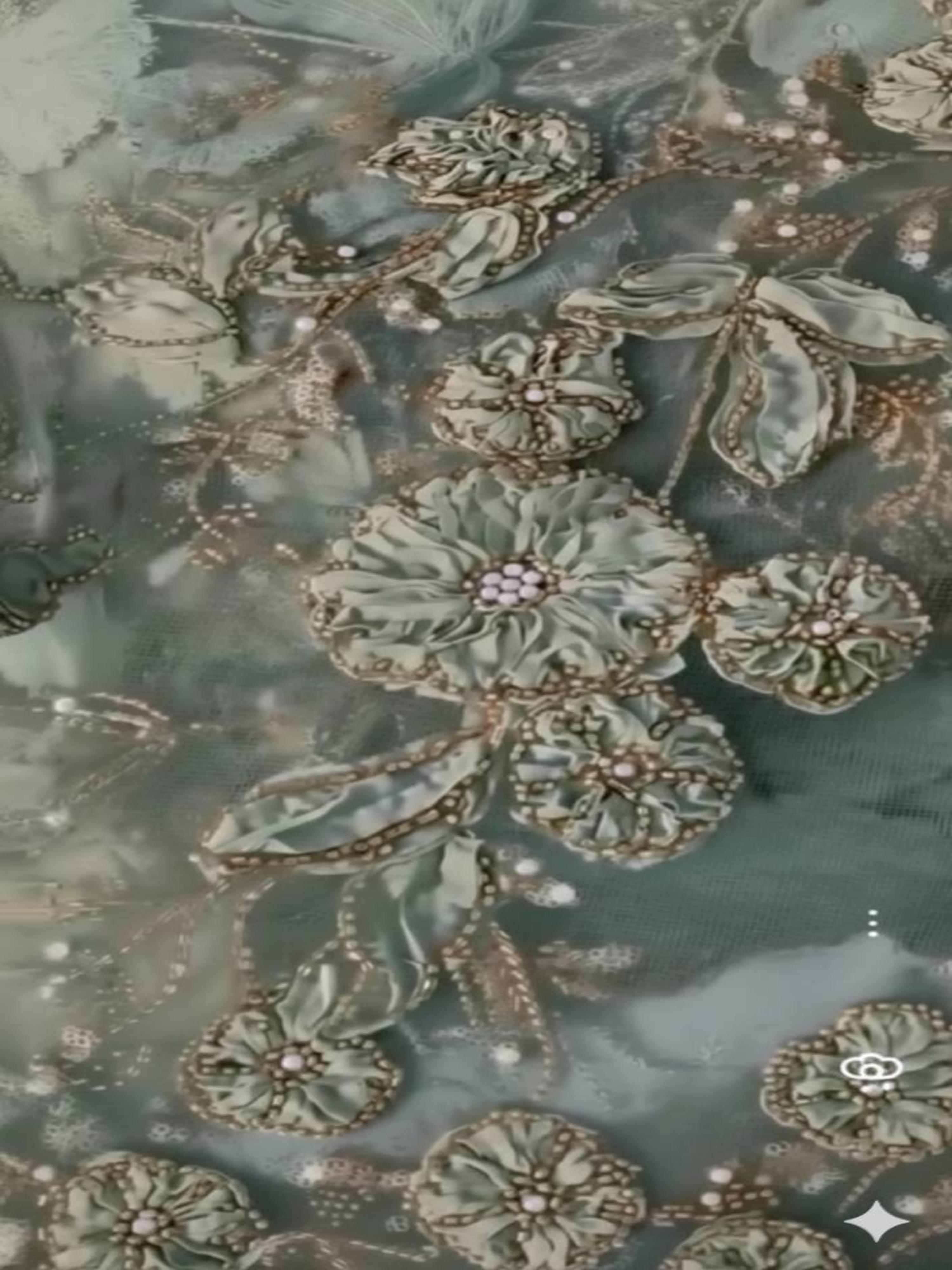 Beads & Ribbon work Embroidered Pista Green Imported Net fabric