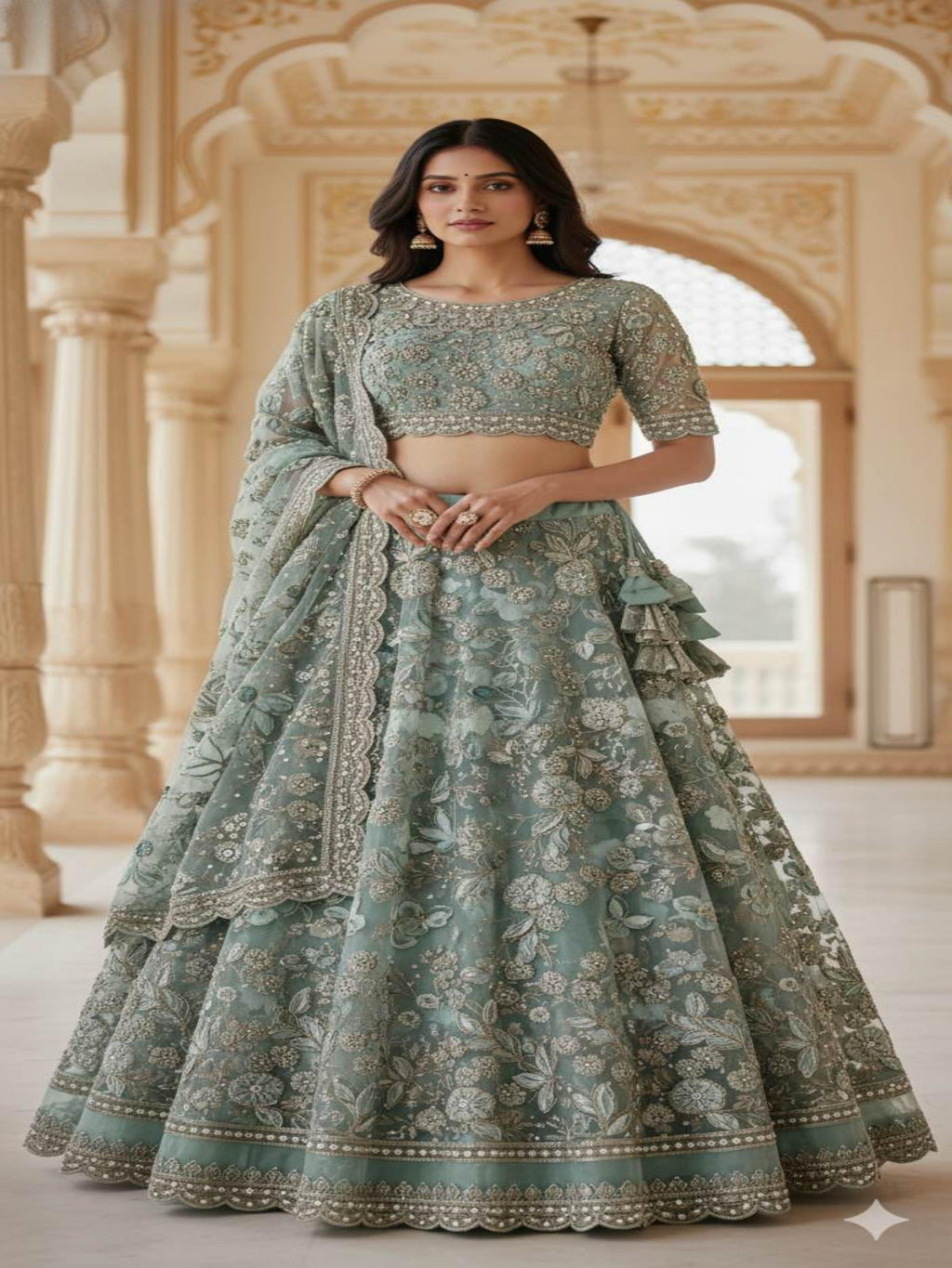 Beads & Ribbon work Embroidered Pista Green Imported Net fabric