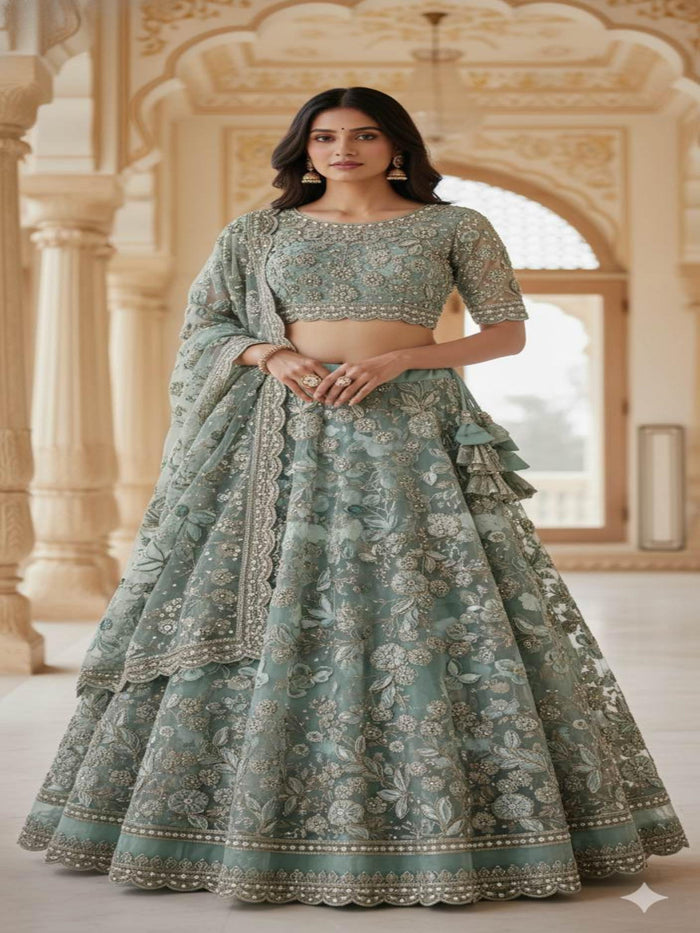 Beads & Ribbon work Embroidered Pista Green Imported Net fabric