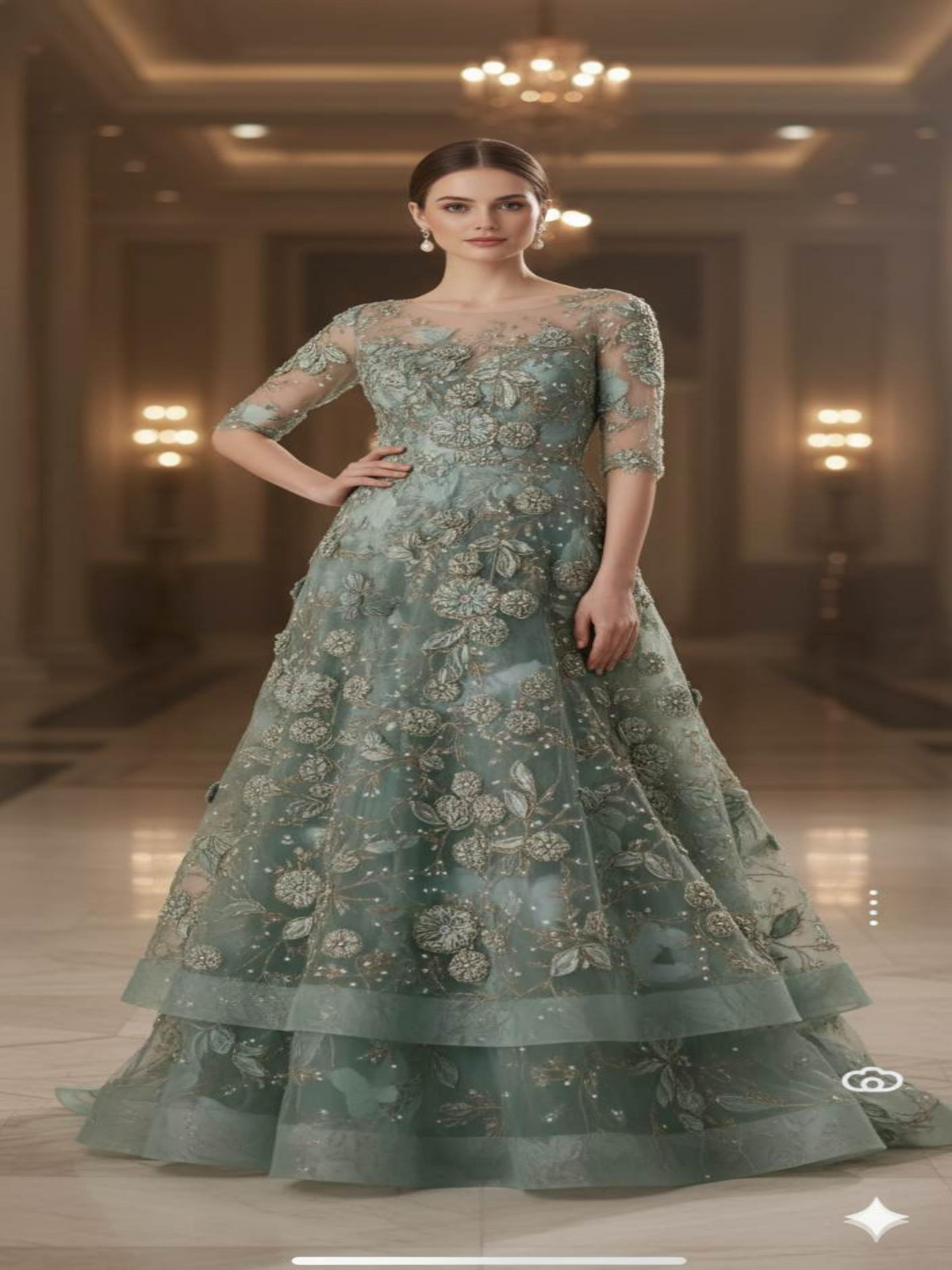 Beads & Ribbon work Embroidered Pista Green Imported Net fabric