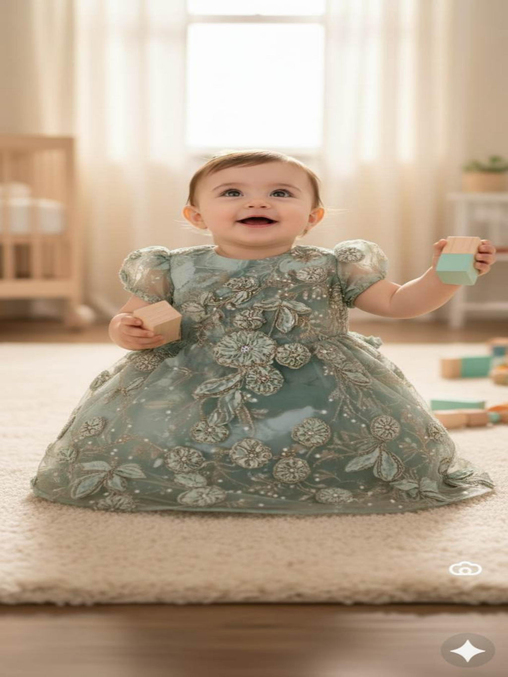 Beads & Ribbon work Embroidered Pista Green Imported Net fabric