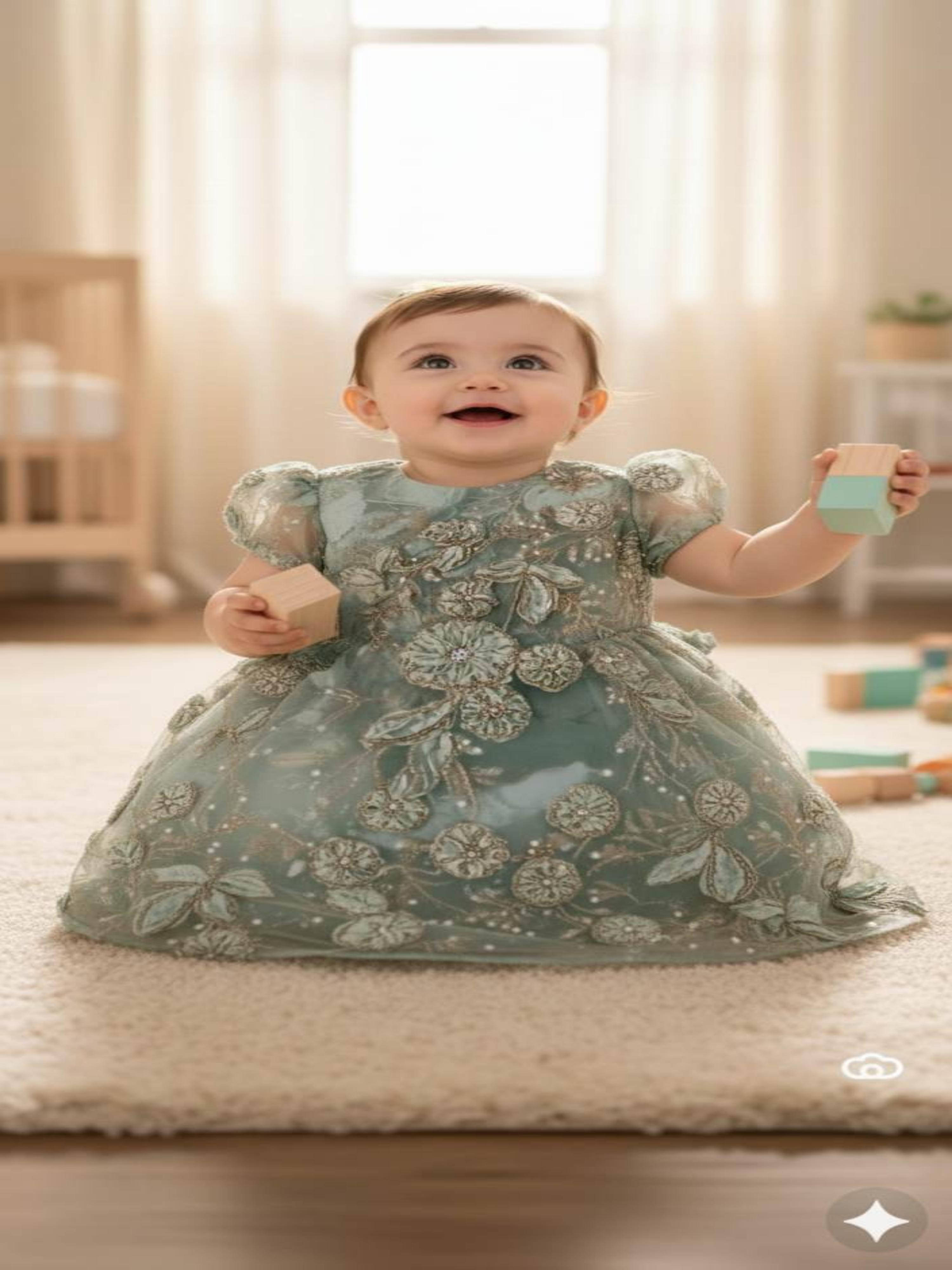 Beads & Ribbon work Embroidered Pista Green Imported Net fabric