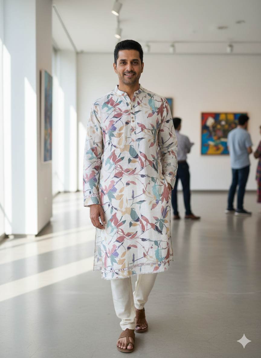 Off white Digital Printed 100% Pure Natural Linen Fabric (0% Cotton)