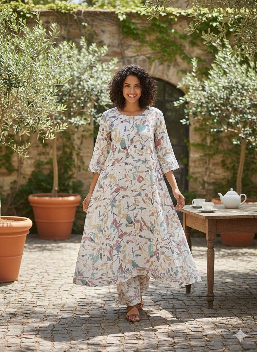 Off white Digital Printed 100% Pure Natural Linen Fabric (0% Cotton)