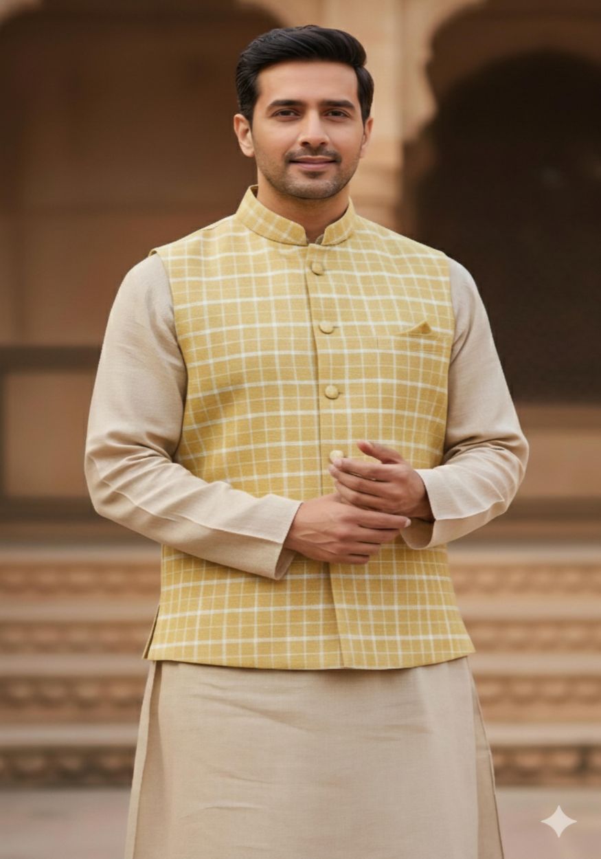 Yellow Checks Pure Natural Linen Suiting Fabric for Blazers, Jackets and Pants (44 lea) (0% Cotton)