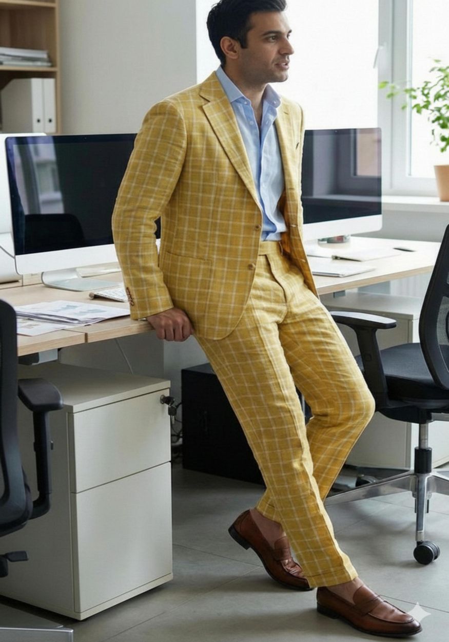 Yellow Checks Pure Natural Linen Suiting Fabric for Blazers, Jackets and Pants (44 lea) (0% Cotton)