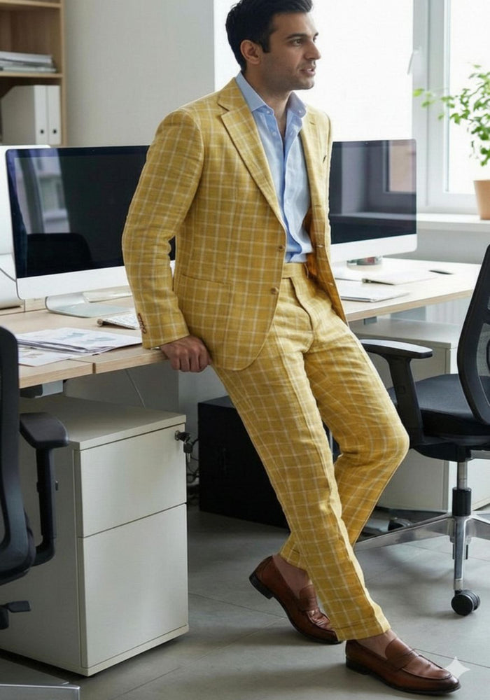 Yellow Checks Pure Natural Linen Suiting Fabric for Blazers, Jackets and Pants (44 lea) (0% Cotton)