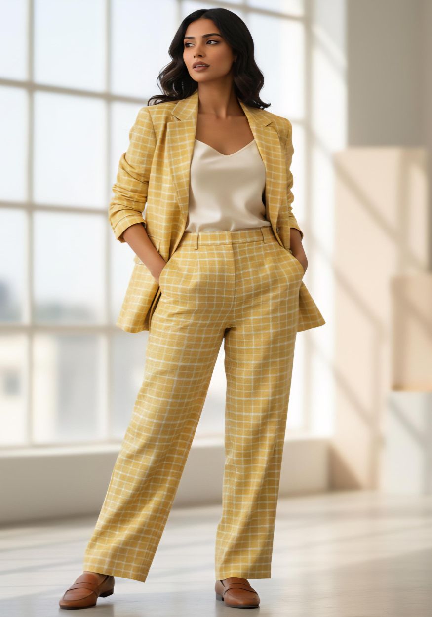 Yellow Checks Pure Natural Linen Suiting Fabric for Blazers, Jackets and Pants (44 lea) (0% Cotton)