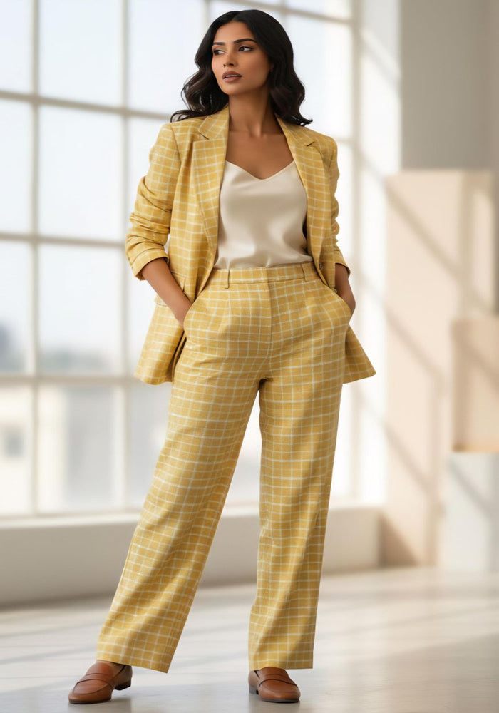 Yellow Checks Pure Natural Linen Suiting Fabric for Blazers, Jackets and Pants (44 lea) (0% Cotton)
