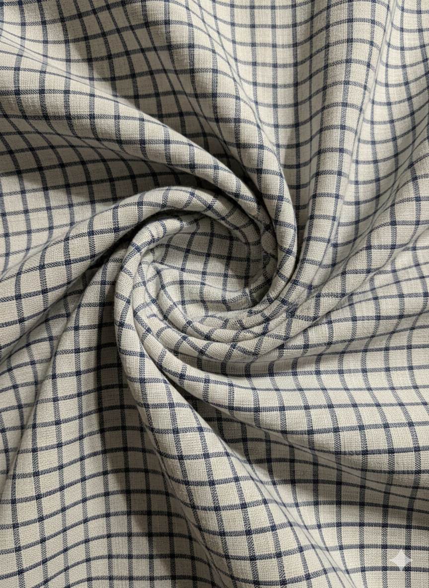 Beige & Blue Checks 100% Pure Natural Linen Fabric (0% Cotton)