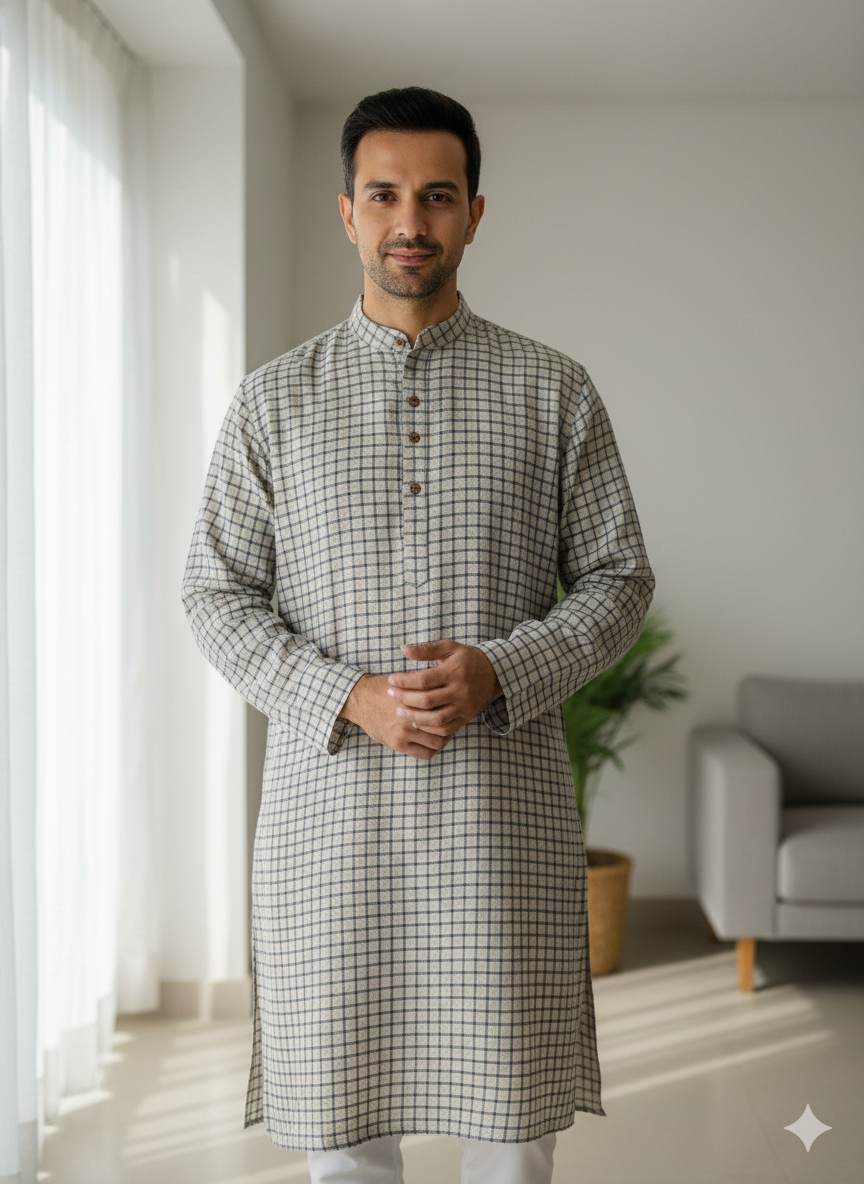 Beige & Blue Checks 100% Pure Natural Linen Fabric (0% Cotton)