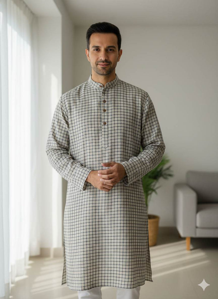 Beige & Blue Checks 100% Pure Natural Linen Fabric (0% Cotton)