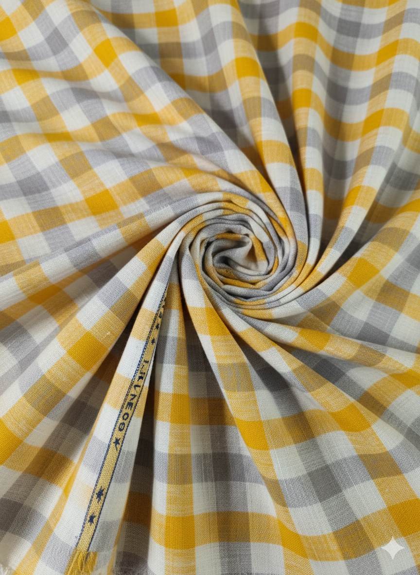 Yellow Grey Offwhite Checks 100% Pure Natural Linen Fabric (0% Cotton)