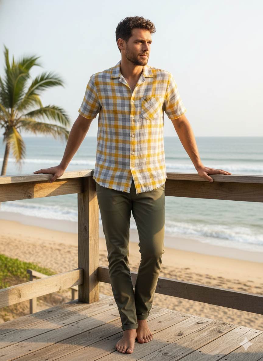 Yellow Grey Offwhite Checks 100% Pure Natural Linen Fabric (0% Cotton)