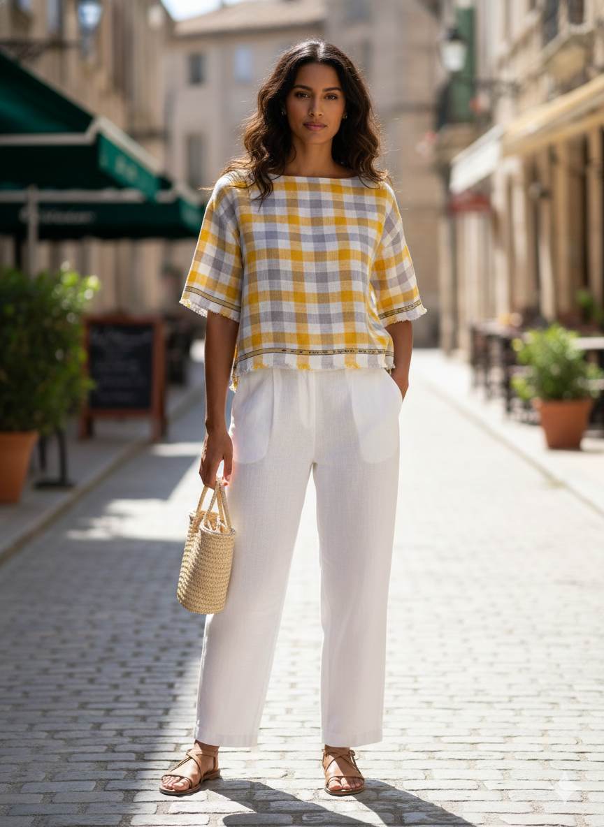 Yellow Grey Offwhite Checks 100% Pure Natural Linen Fabric (0% Cotton)