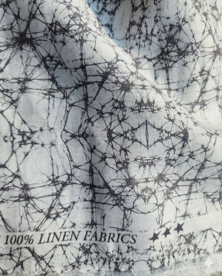 Greyish Blue Digital printed Off White 100% Pure Linen Fabric (0% Cotton)