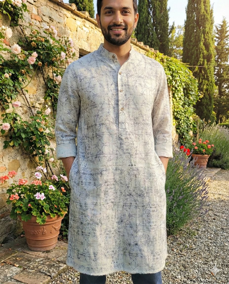 Greyish Blue Digital printed Off White 100% Pure Linen Fabric (0% Cotton)