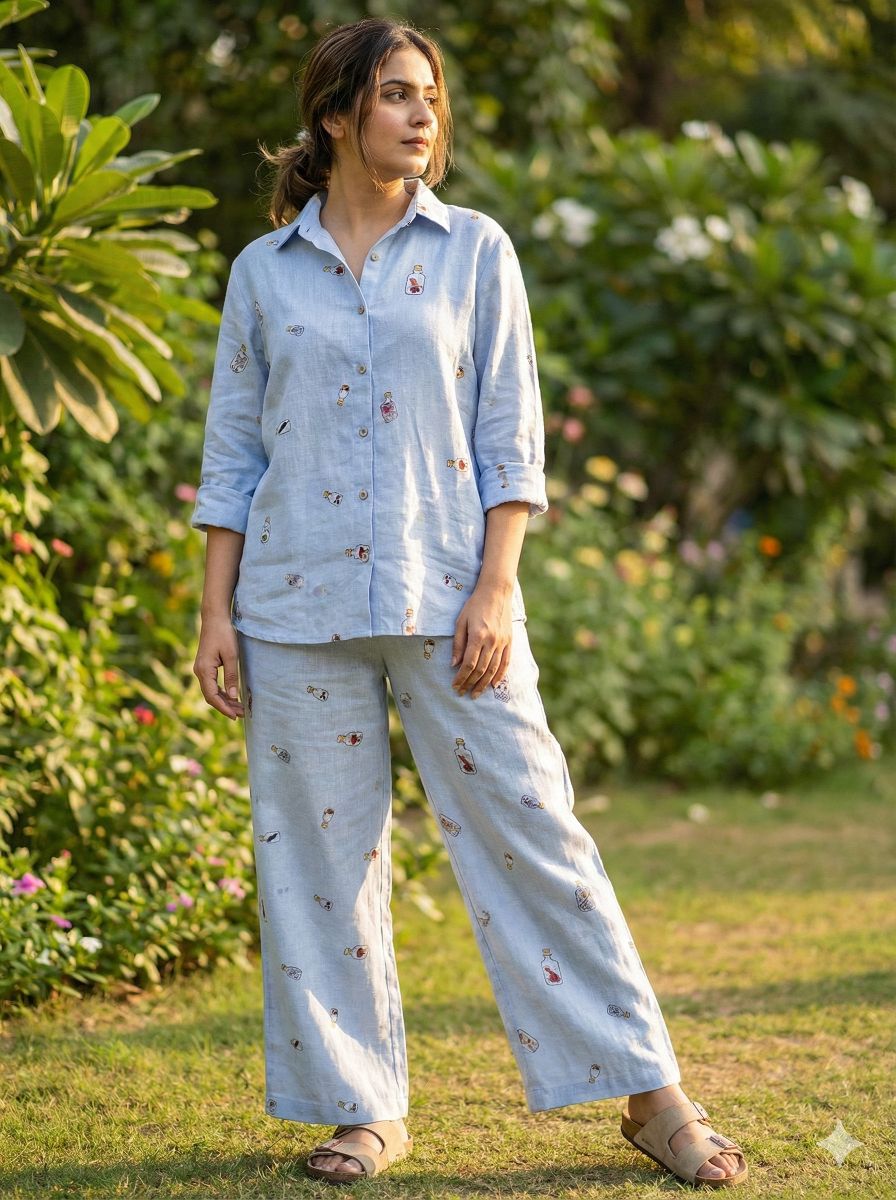 Light blue Digital print Pure linen (No cotton )