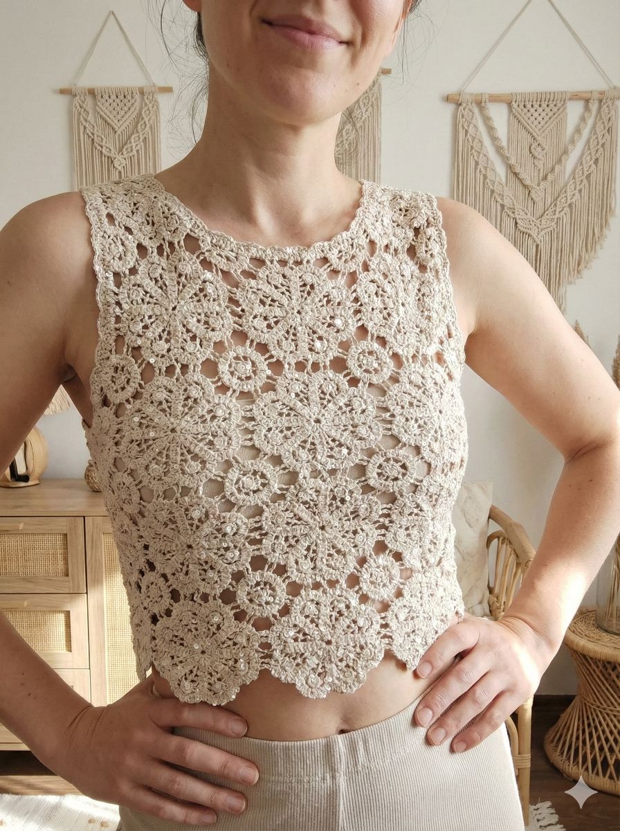 Dyeable Crochet Fabric With Transperent Sequences