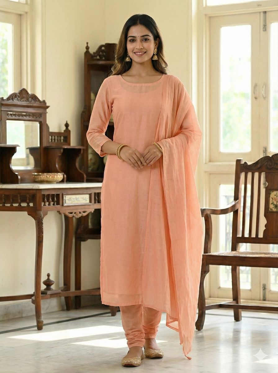 Peach Plain Chanderi Silk Fabric