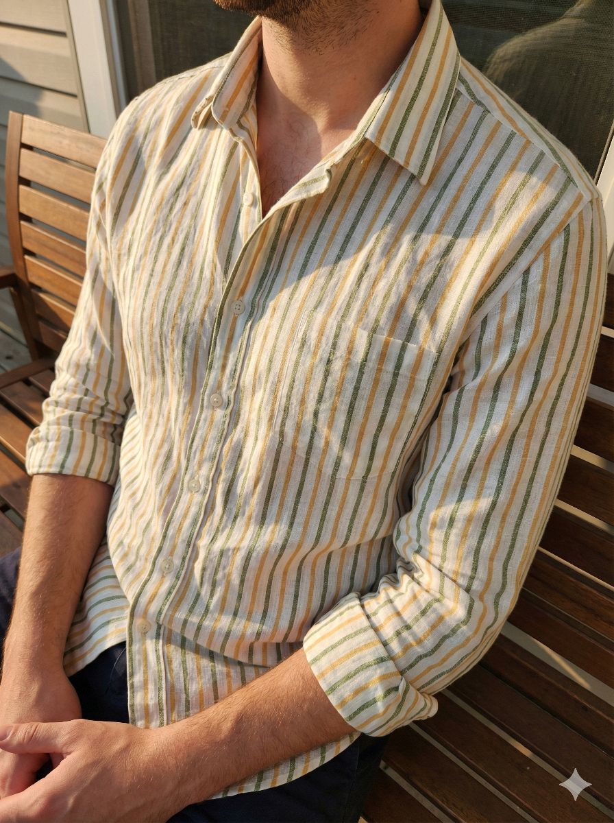 Off White pure linen with Orange & Green strips (No cotton)