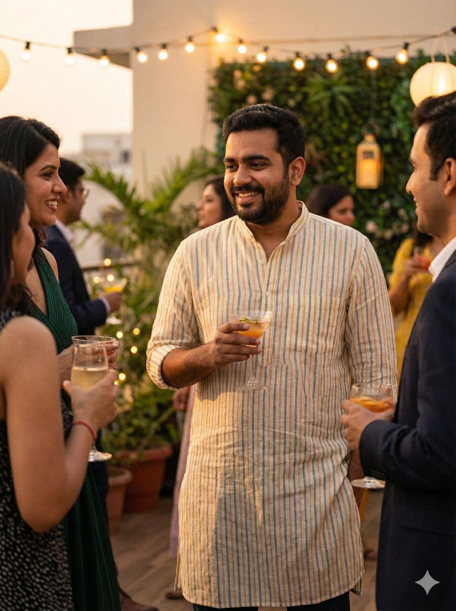 Off White pure linen with Orange & Green strips (No cotton)