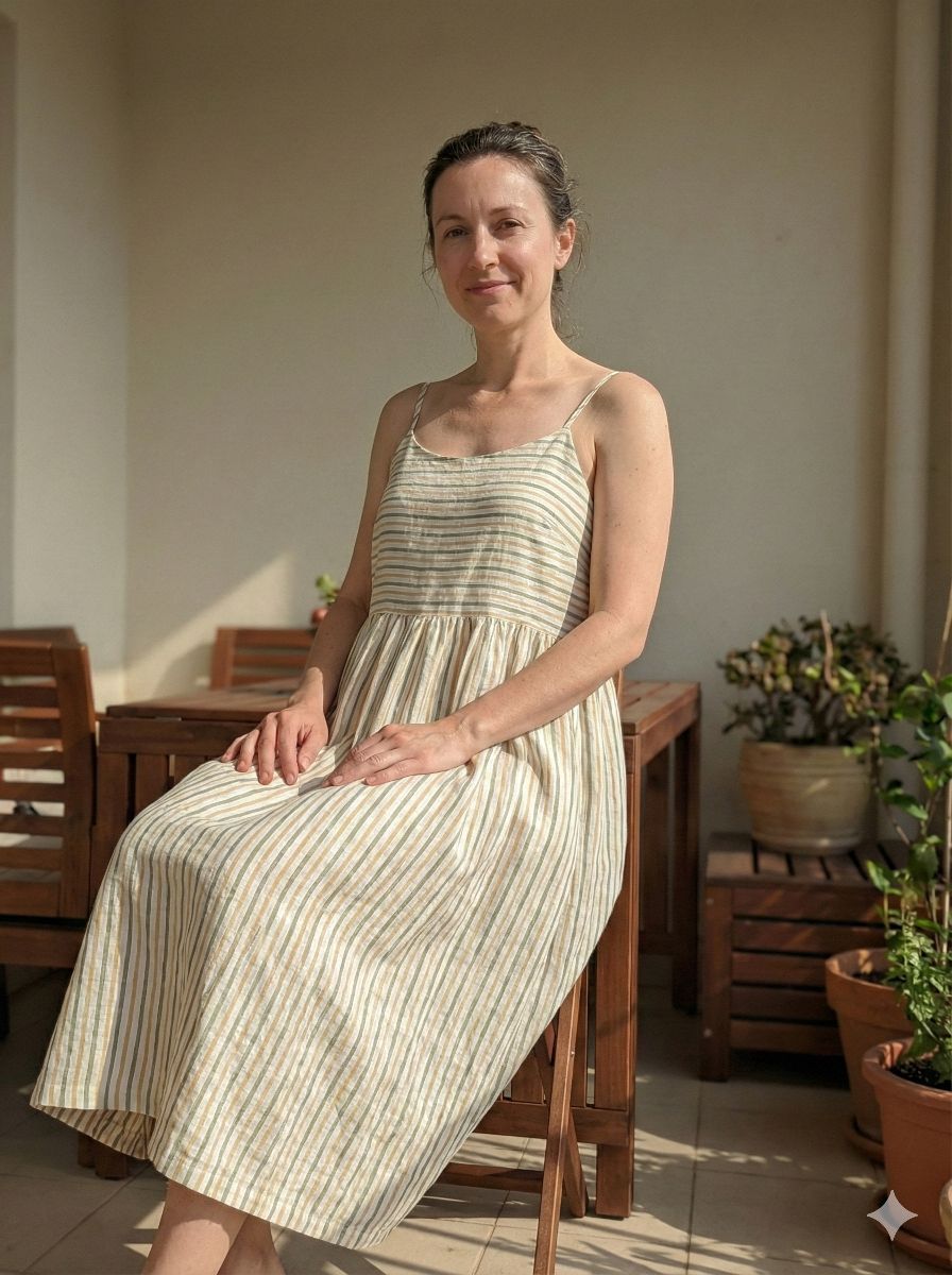 Off White pure linen with Orange & Green strips (No cotton)