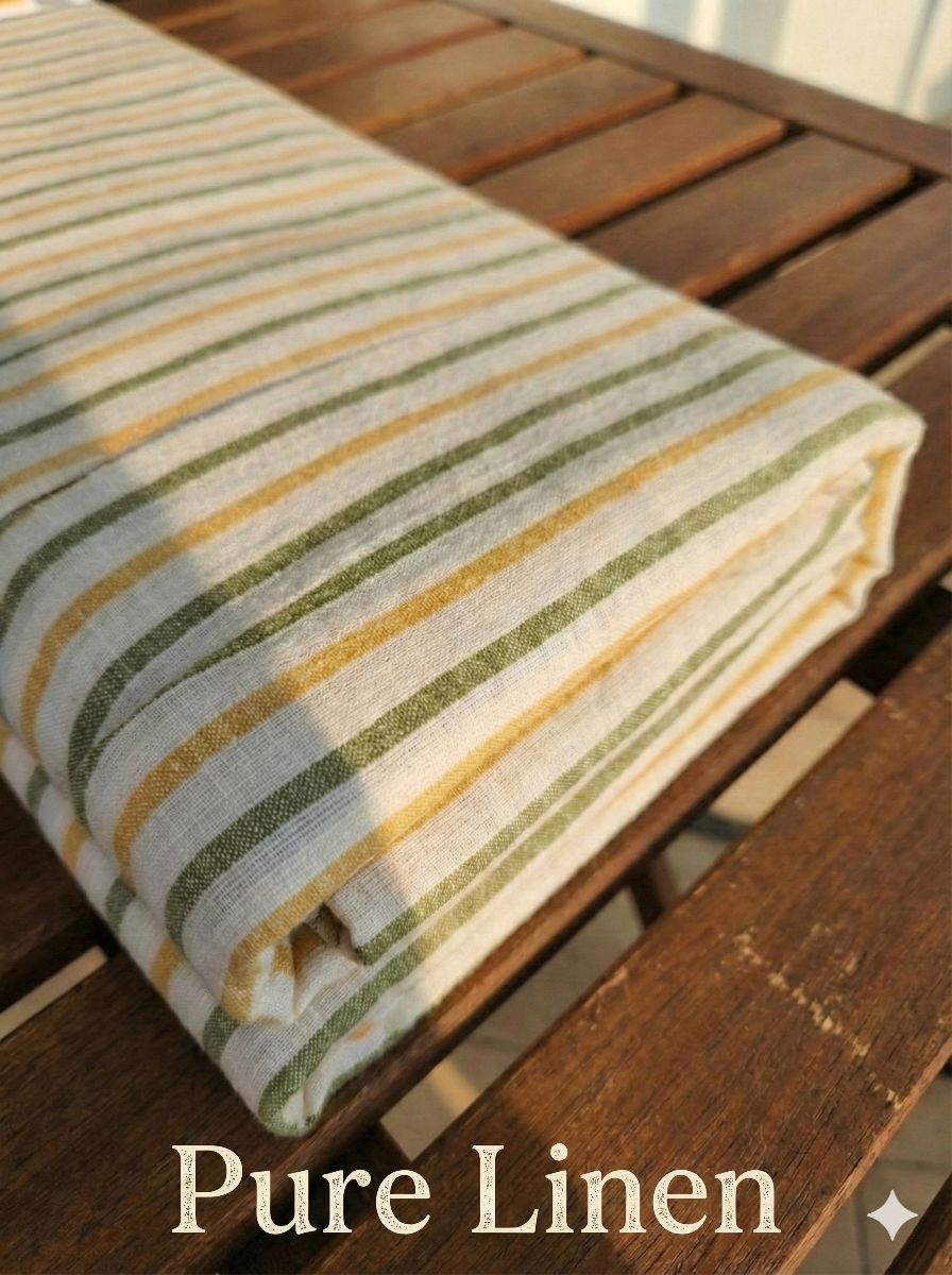 Off White pure linen with Orange & Green strips (No cotton)
