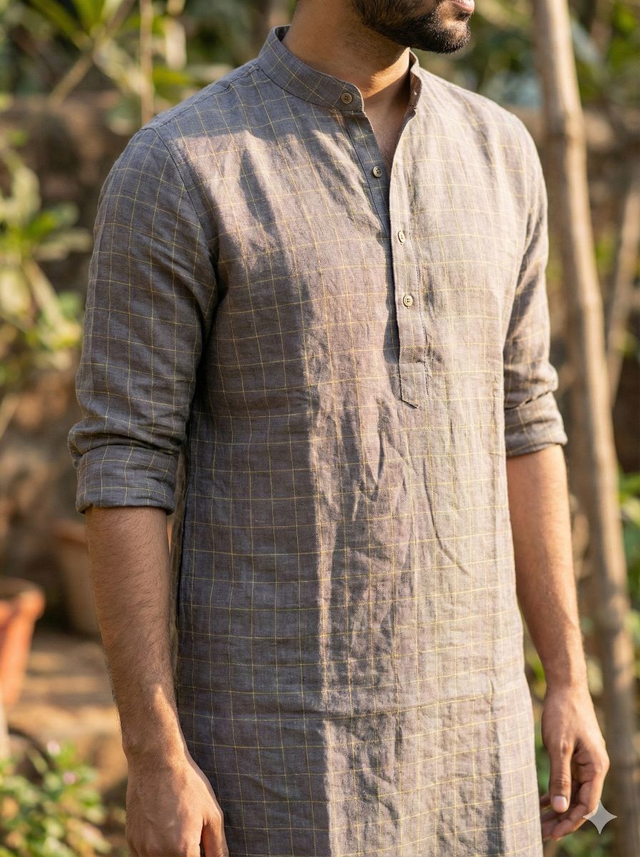 Yellow Checks on Grey color 100% Pure Linen Fabric (0% Cotton)