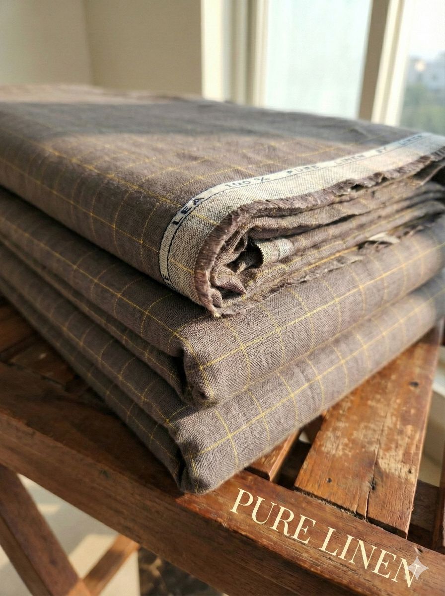 Yellow Checks on Grey color 100% Pure Linen Fabric (0% Cotton)