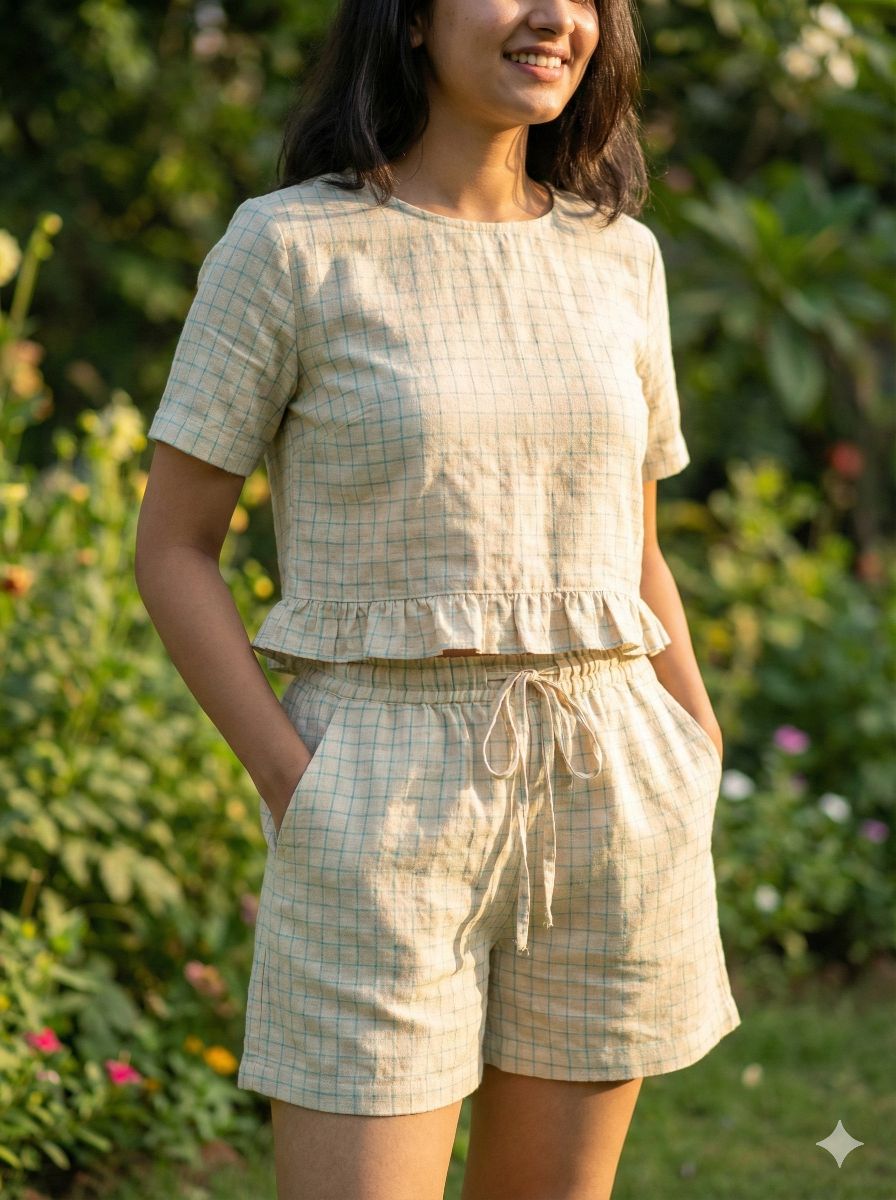 Blue Checks on Lemon Yellow 100% Pure Linen Fabric (0% Cotton)