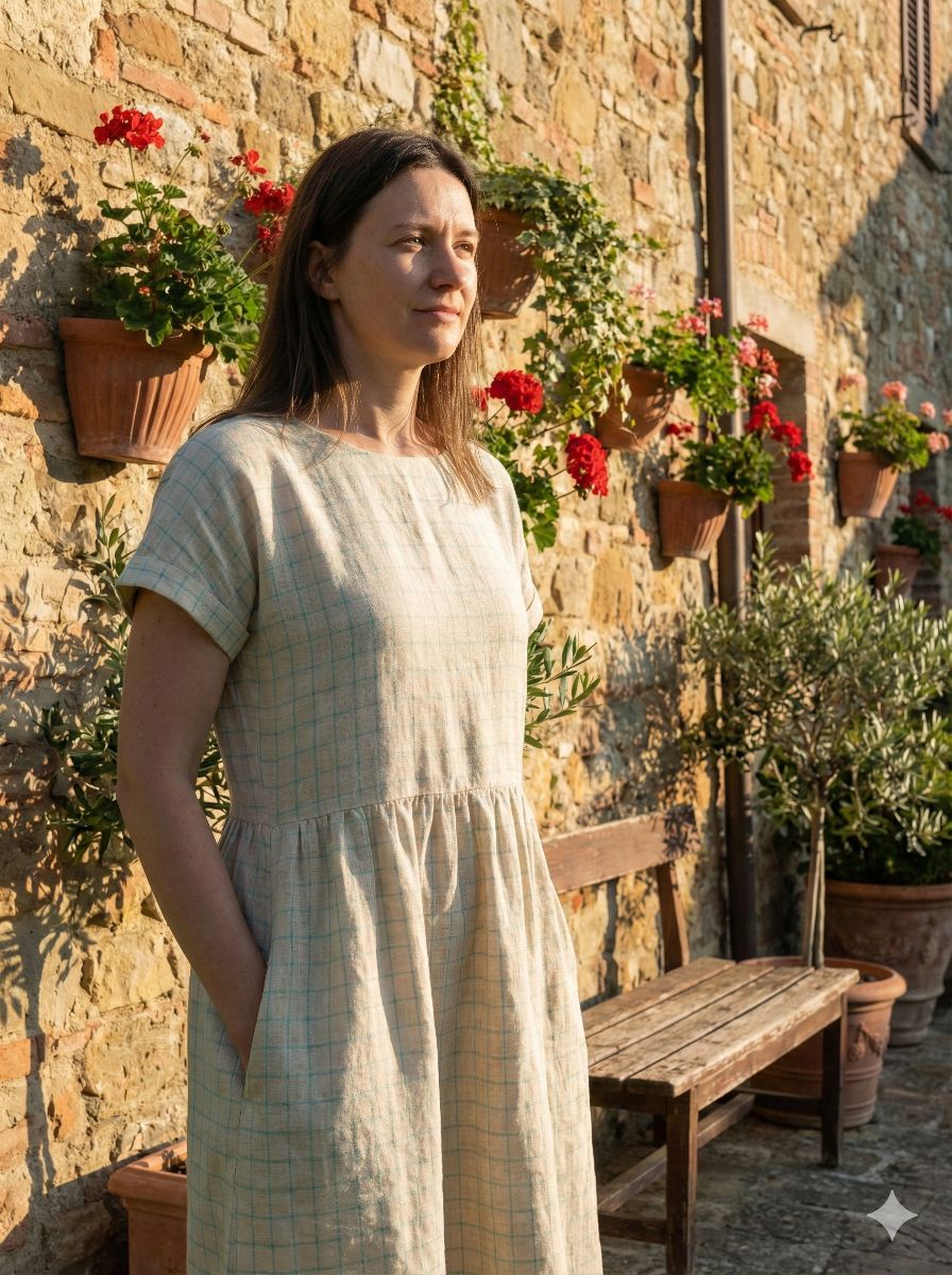 Blue Checks on Lemon Yellow 100% Pure Linen Fabric (0% Cotton)