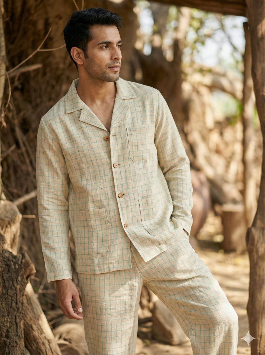 Blue Checks on Lemon Yellow 100% Pure Linen Fabric (0% Cotton)