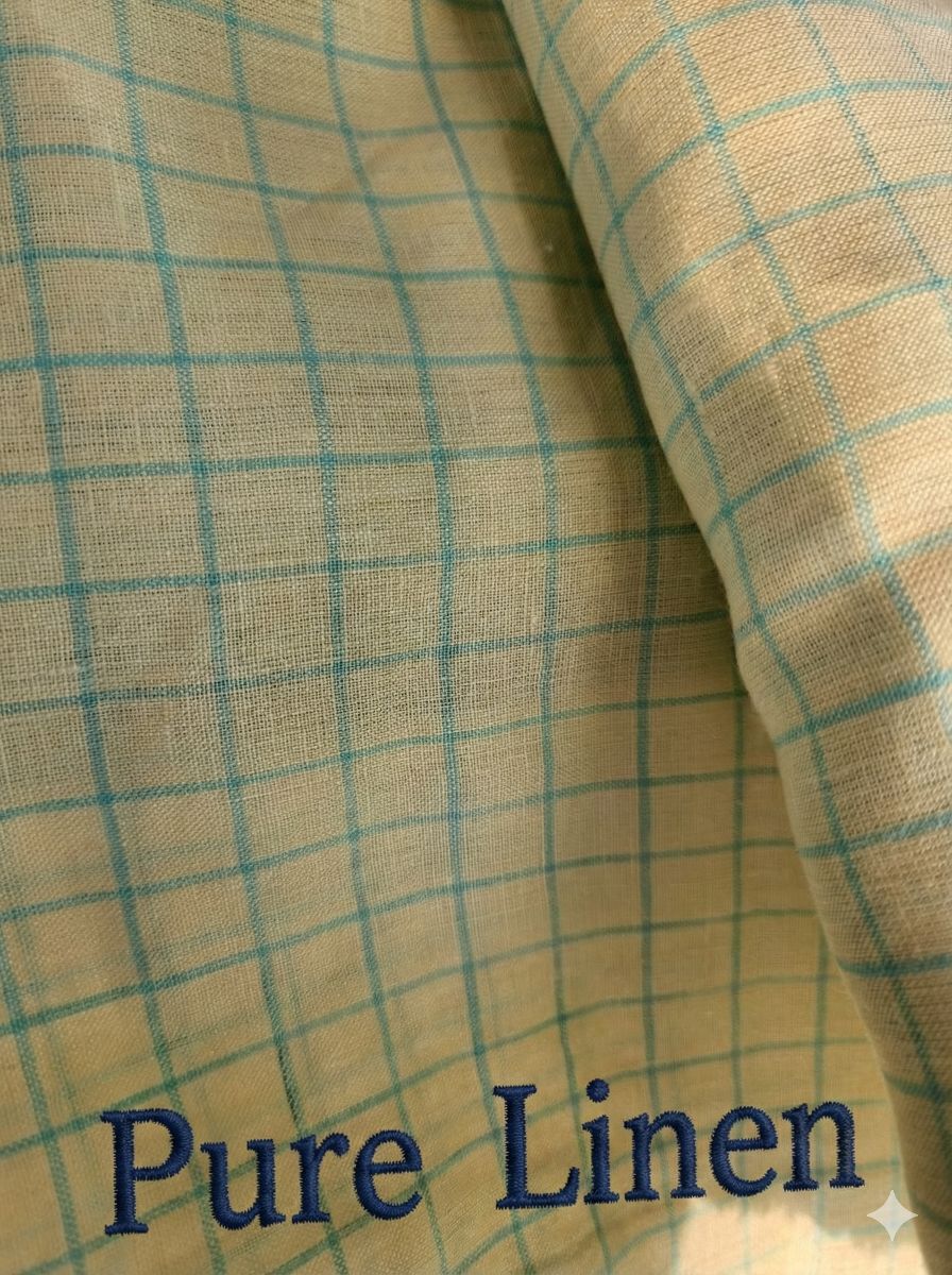 Blue Checks on Lemon Yellow 100% Pure Linen Fabric (0% Cotton)