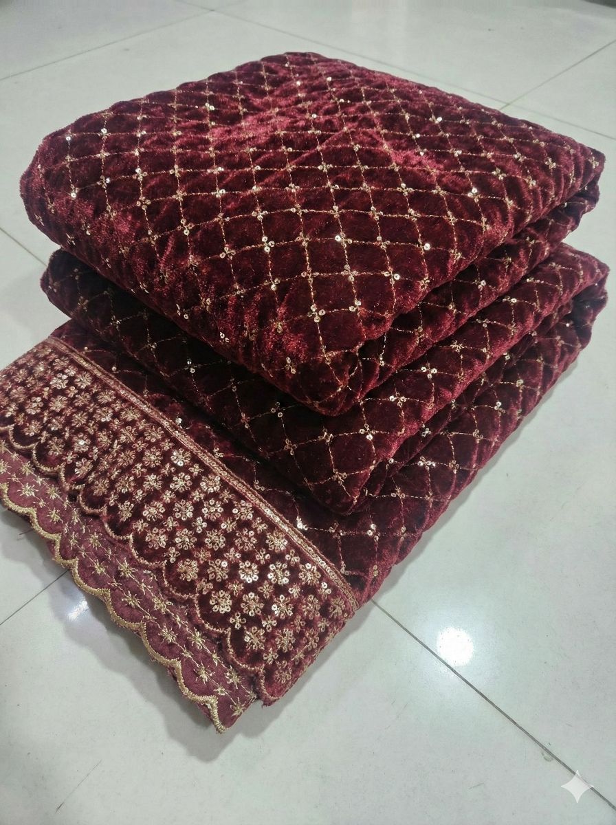 Sequence Jaal & Border Embroidered Maroon Velvet Fabric