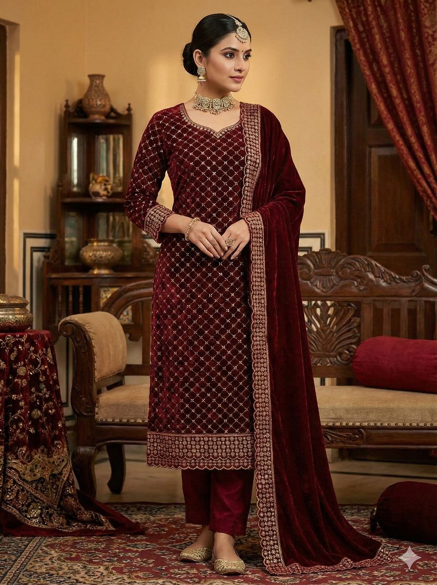 Sequence Jaal & Border Embroidered Maroon Velvet Fabric