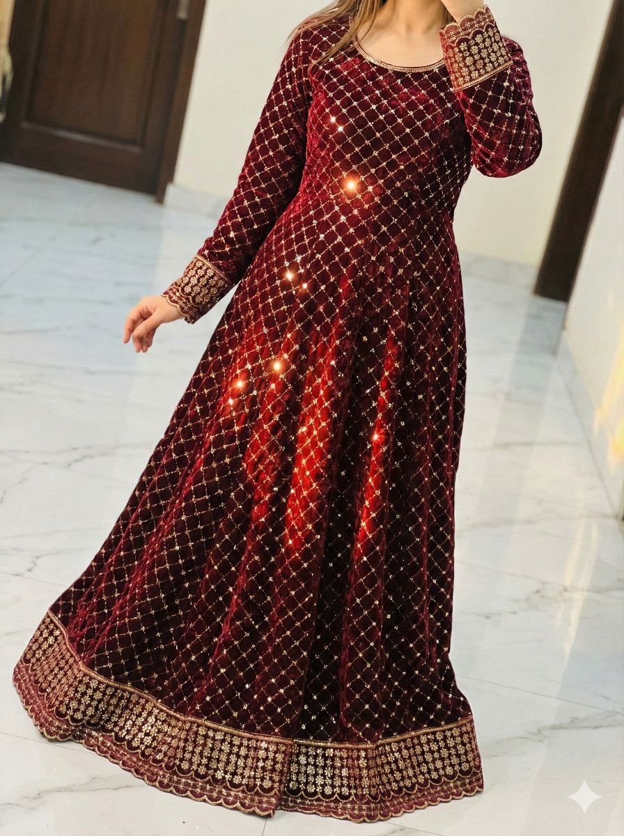 Sequence Jaal & Border Embroidered Maroon Velvet Fabric