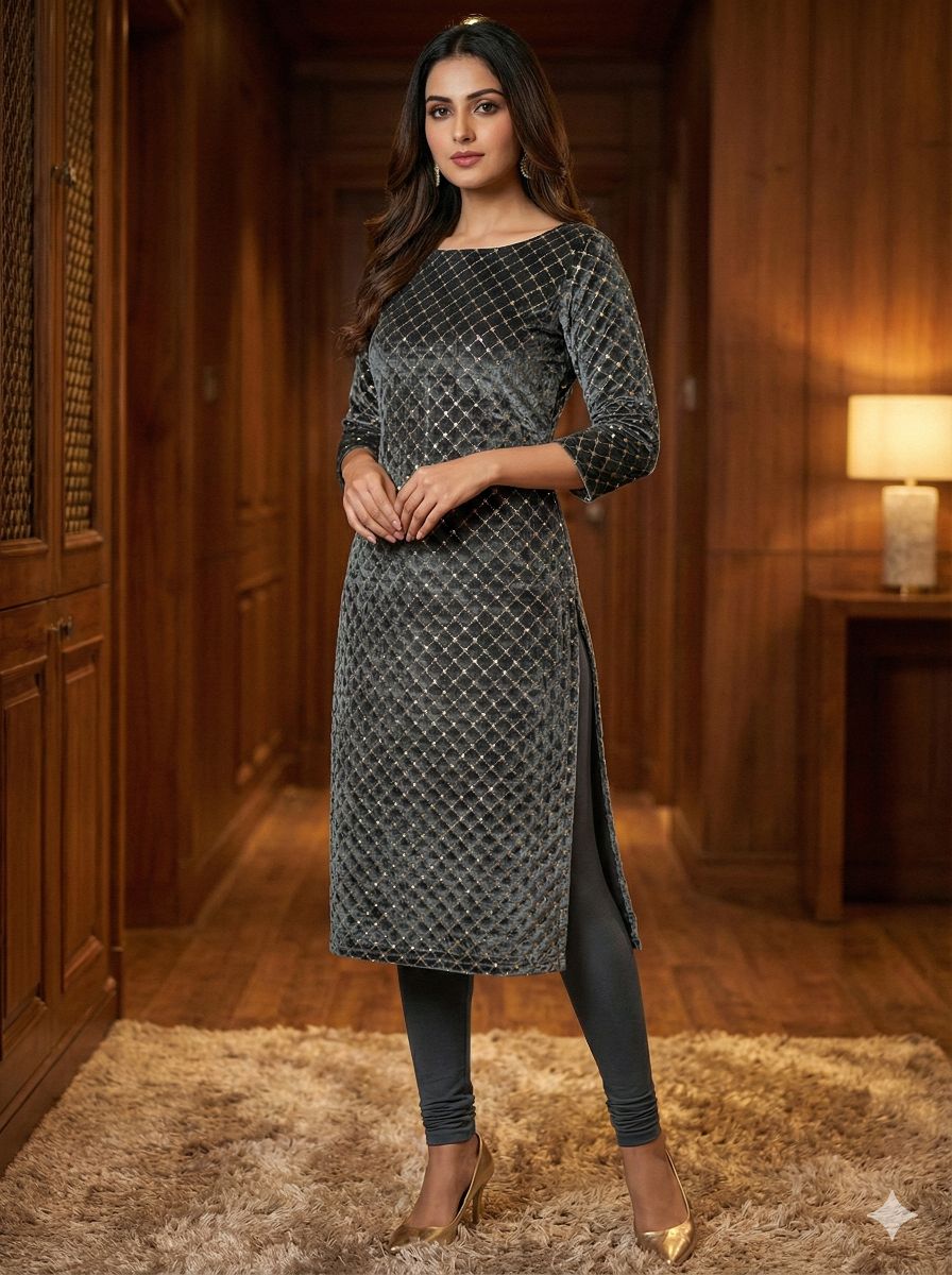 Sequence Jaal Embroidered Grey Velvet Fabric