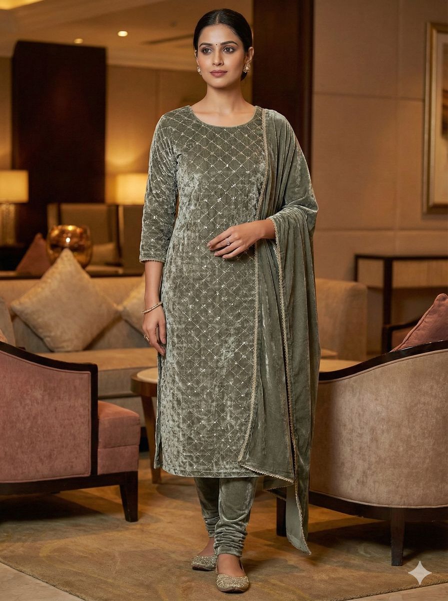 Sequence Jaal Embroidered Sage Green Colored Velvet Fabric