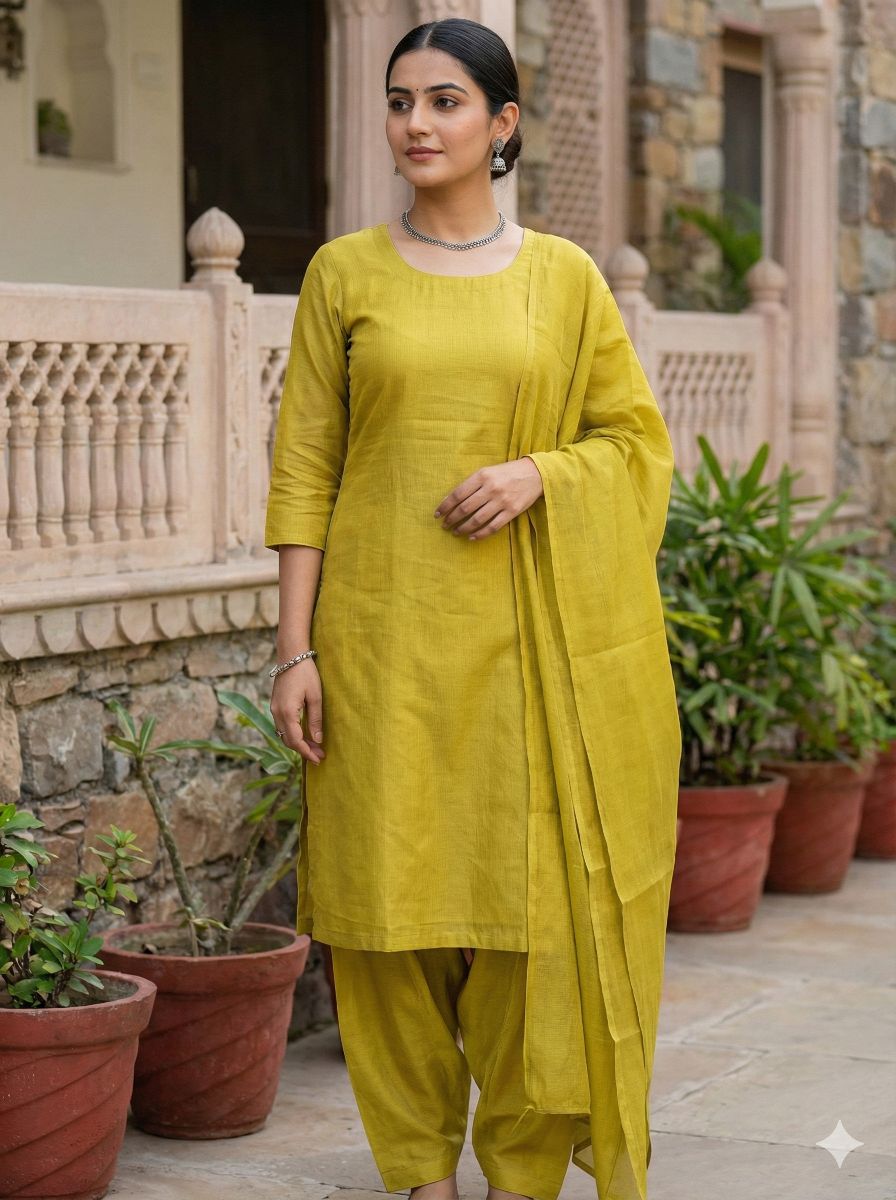 Yellowish Green Plain Chanderi Fabric