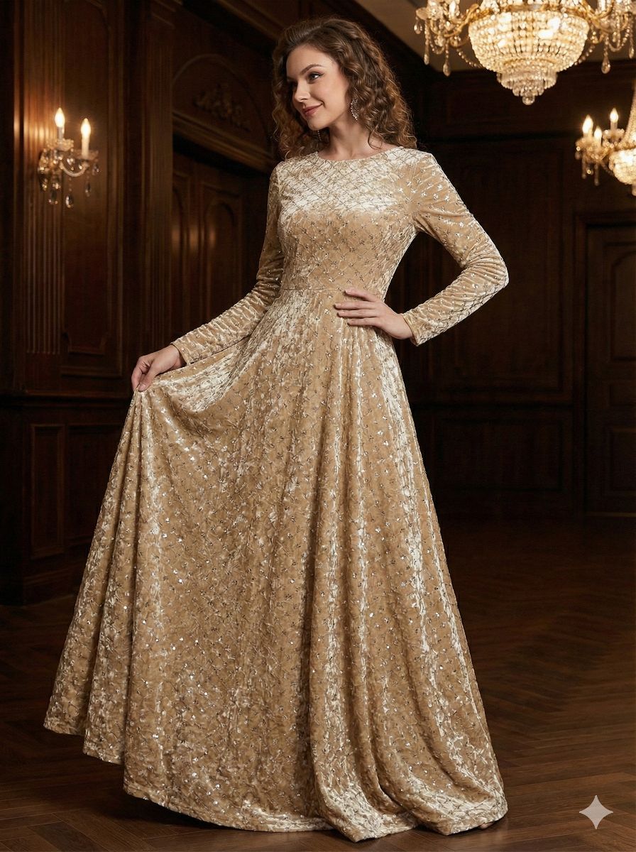 Sequence Jaal Embroidered Fawn Colored Velvet Fabric