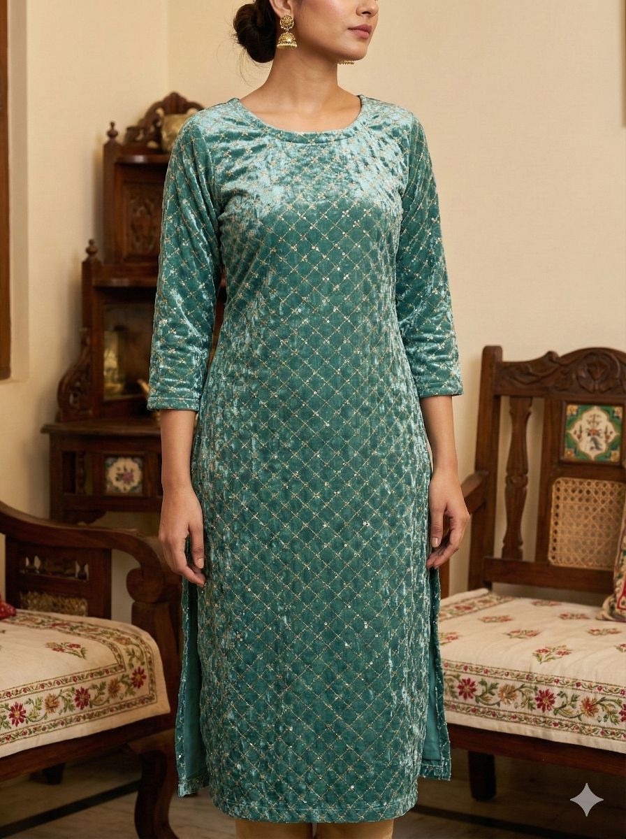 Sequence Jaal Embroidered Sea Blue Velvet Fabric