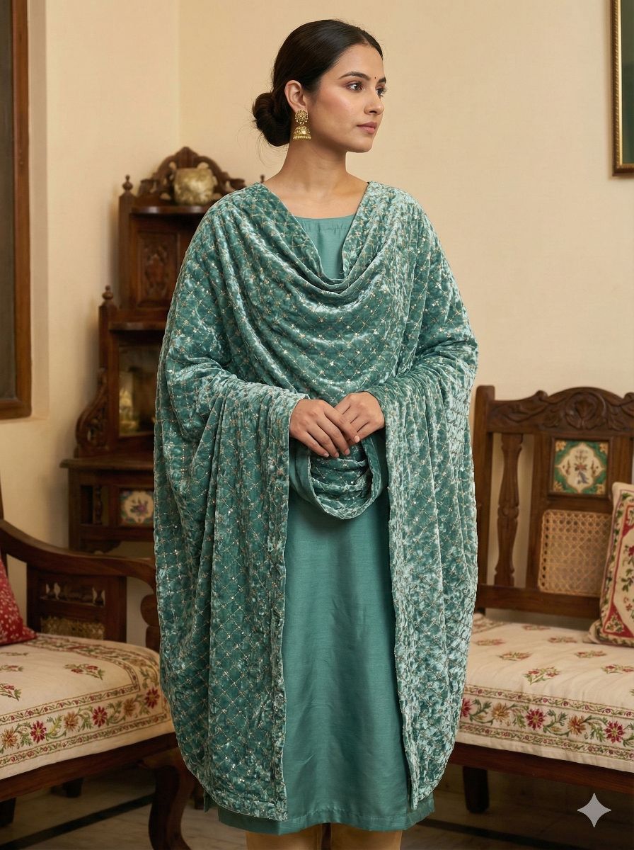 Sequence Jaal Embroidered Sea Blue Velvet Fabric