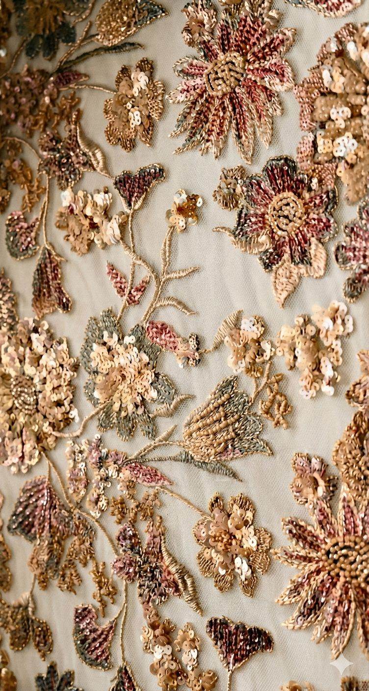 Imported Fawn Net with Heavy Handwork Embroidery Allover