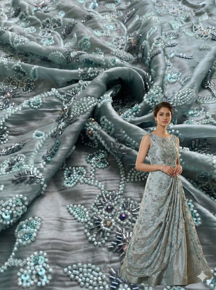 Sapphire Blue  Cutdana Handwork Fendi fabric