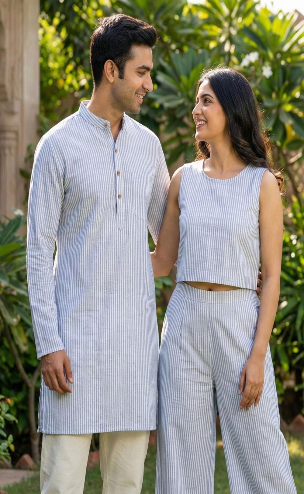 Off-White Cotton Linen Fabric with Blue Stripes (60 lea)