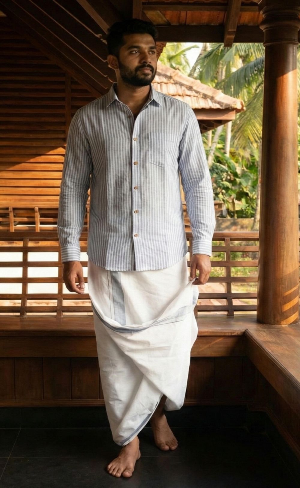 Off-White Cotton Linen Fabric with Blue Stripes (60 lea)