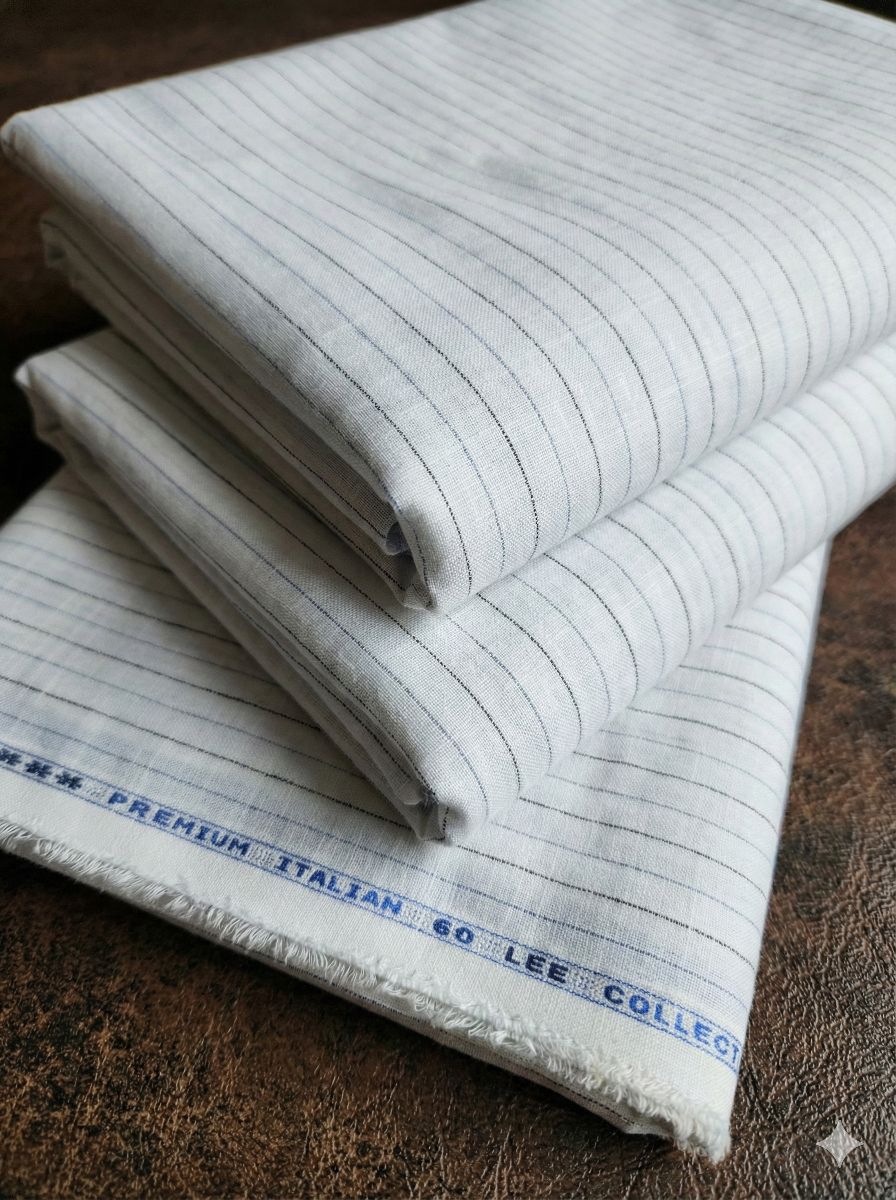 Off white Cotton Linen Fabric with Grey & Blue Horizontal Lines (60 lea)