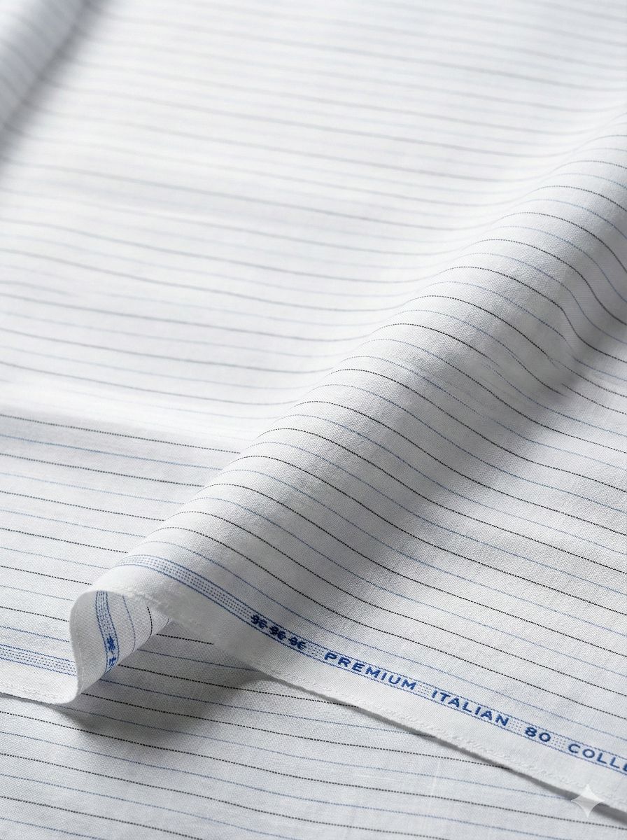 Off white Cotton Linen Fabric with Grey & Blue Horizontal Lines (60 lea)