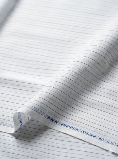 Off white Cotton Linen Fabric with Grey & Blue Horizontal Lines (60 lea)